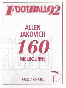 1992 Select AFL Stickers #160 Allen Jakovich Back